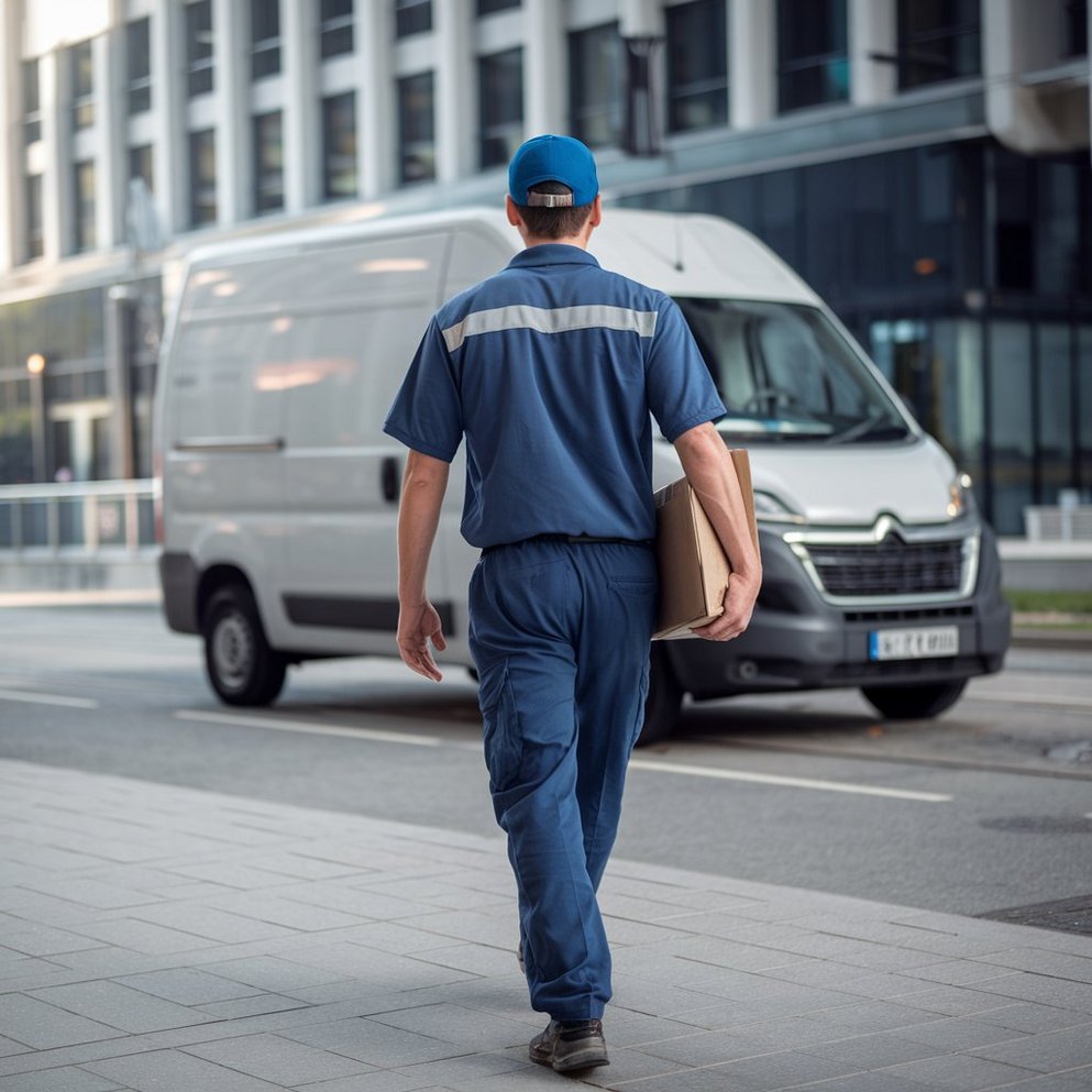 Paketzusteller geht mit einem Paket zurück zum Lieferwagen